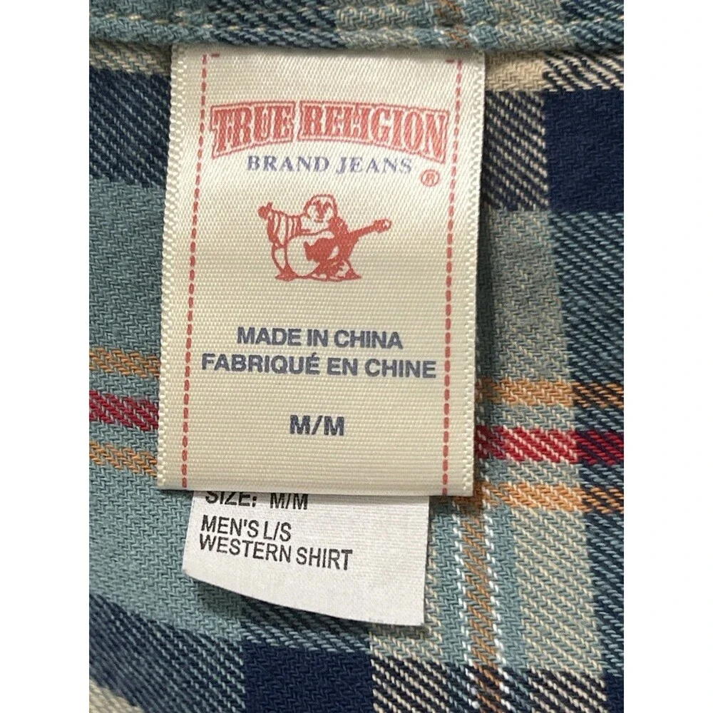 True Religion Men's Pearl Snap Flannel Shirt Plaid Med Western Wear Cotton